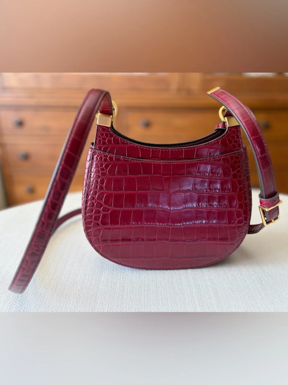 Tory Burch Lee Radziwill Croc-Embossed Leather & Suede Saddle Bag in Roma Red